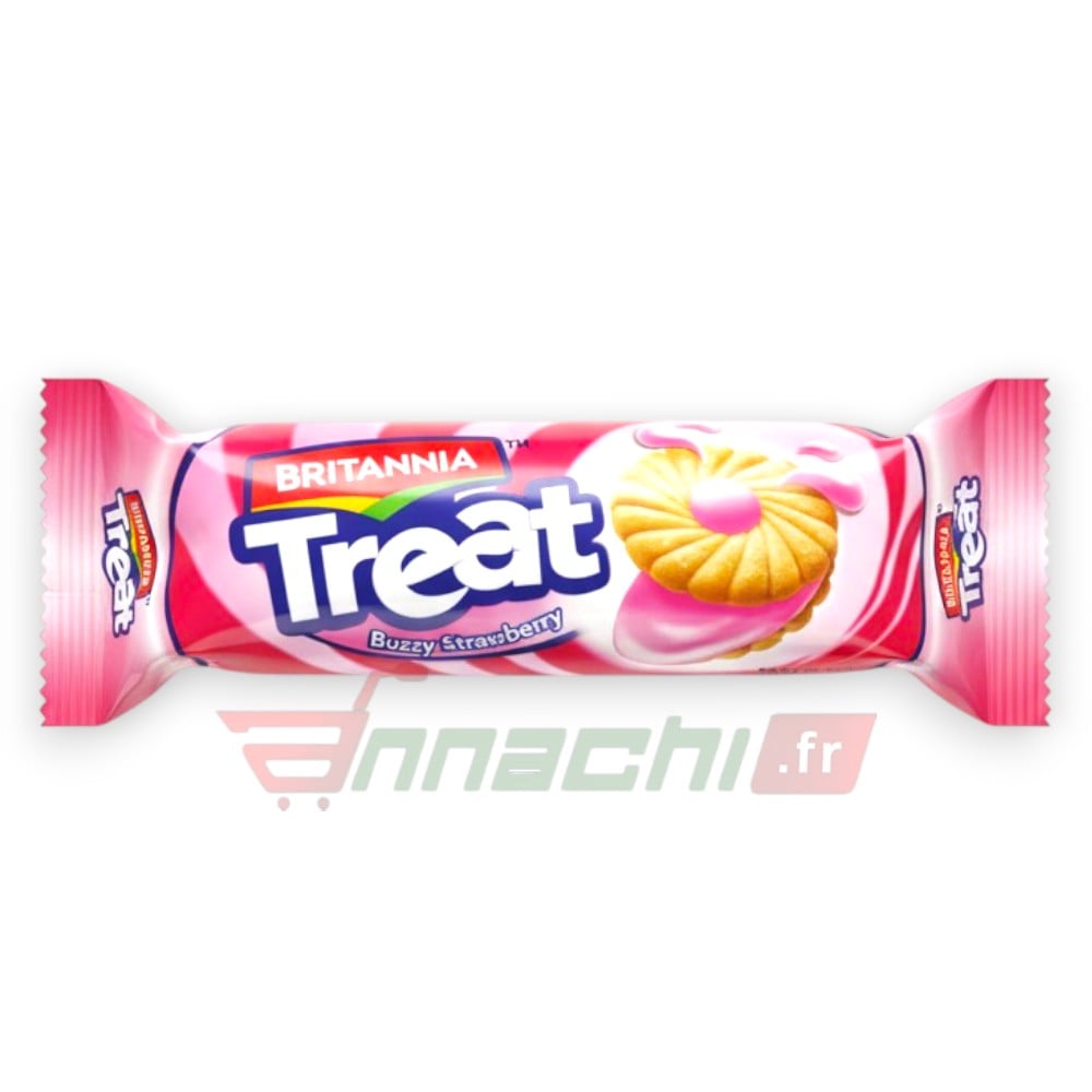 BY BRITANNIA STRAWBERRY CREAM TREAT BISCUIT FRANCE AND EUROPE ONLINE BRITANNIA STRAWBERRY CREAM TREAT BISCUIT - 100g - Image 1