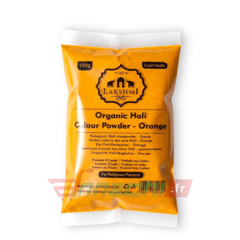 LAKSHMI HOLI ORANGE COLOUR POWDER FRANCE EUROPE GERMANY BELGIUM AND NETHERLAND LAKSHMI HOLI ORANGE COLOUR POWDER – 100g - Image 1